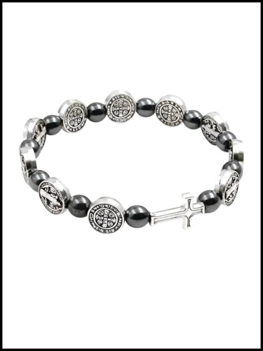 Sterling Silver San Benito St Benedict Bracelet Black Beads Catholic Gift for